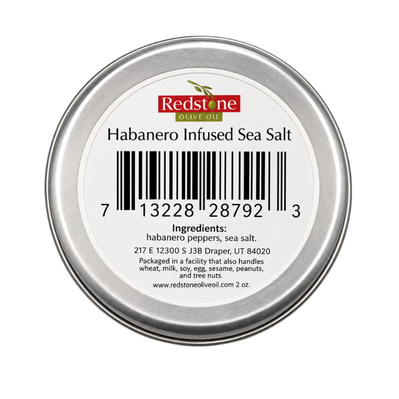 Redstone Habanero Sea Salt bottom label showing barcode, ingredients: habanero peppers, sea salt — 2 oz tin