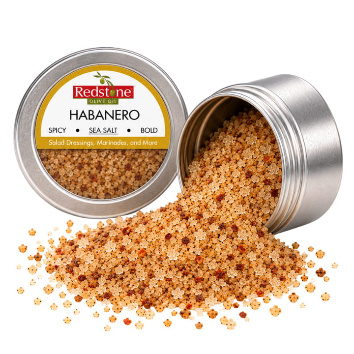 Redstone Habanero Sea Salt open tin spilling spicy bold habanero pepper sea salt crystals — all-natural gourmet finishing salt