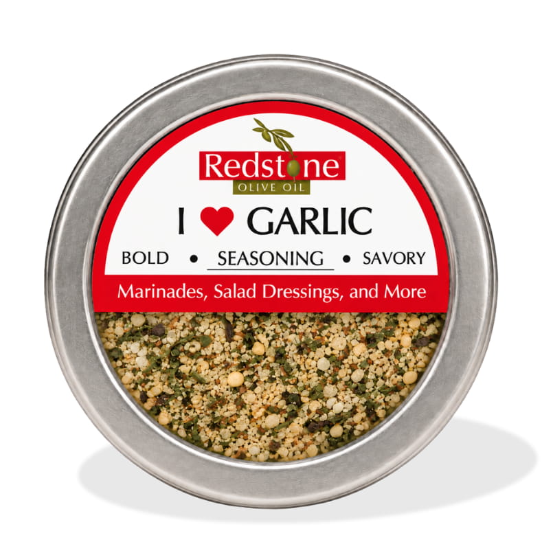 Redstone I Love Garlic Spice Blend front tin label — Bold · Seasoning · Savory — marinades, salad dressings, and more
