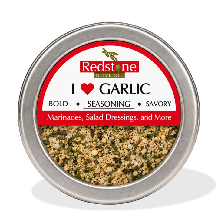Redstone I Love Garlic Spice Blend front tin label — Bold · Seasoning · Savory — marinades, salad dressings, and more