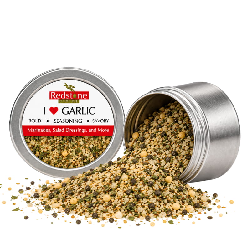 Redstone I Love Garlic Spice Blend open tin spilling bold savory garlic rosemary seasoning blend — all-natural, no preservatives