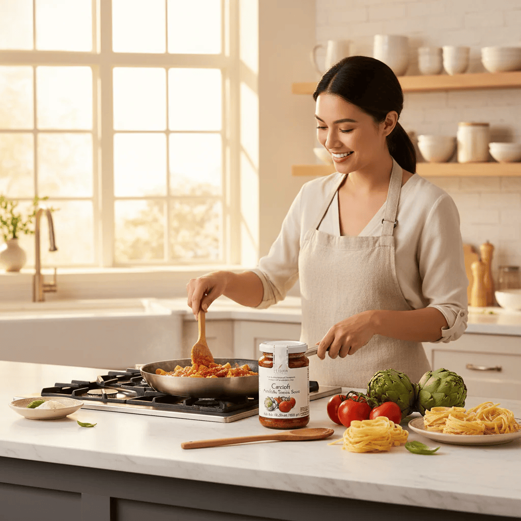 Woman cooking pasta with garlic infused olive oil on stovetop — Redstone Olive Oil in kitchen