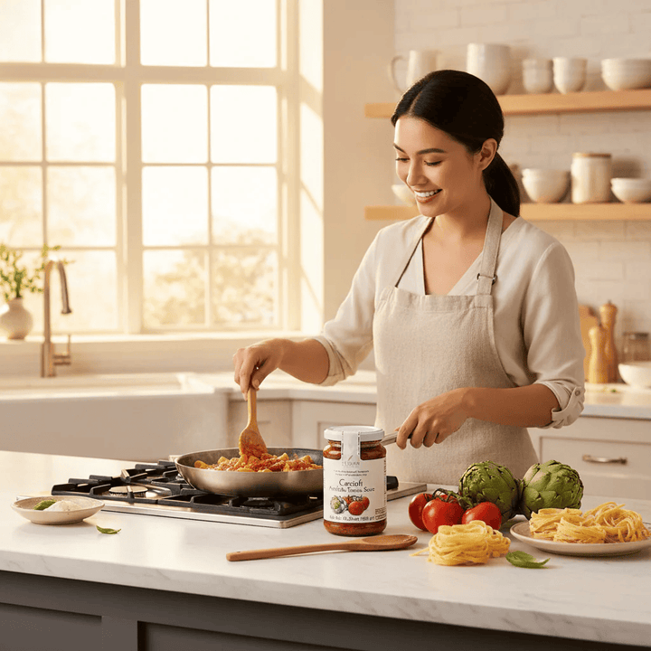 Woman cooking pasta with garlic infused olive oil on stovetop — Redstone Olive Oil in kitchen