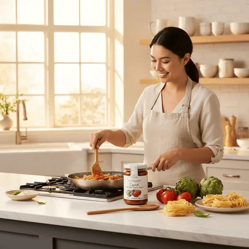 Woman cooking pasta with Redstone Carciofi Artichoke Sauce and olive oil in a bright kitchen — Italian artichoke tomato sauce