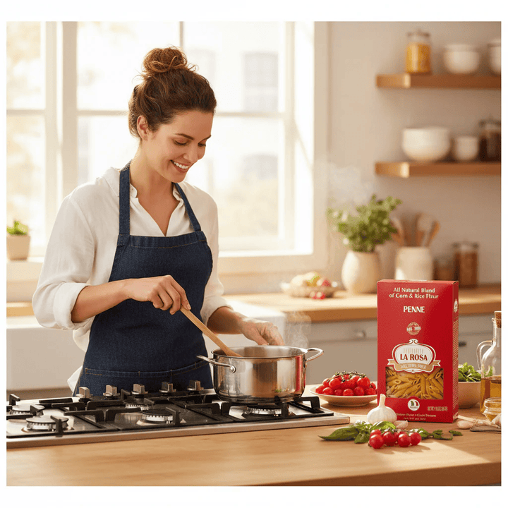 Lady cooking box of Penne Gluten Free Pasta in kitchen