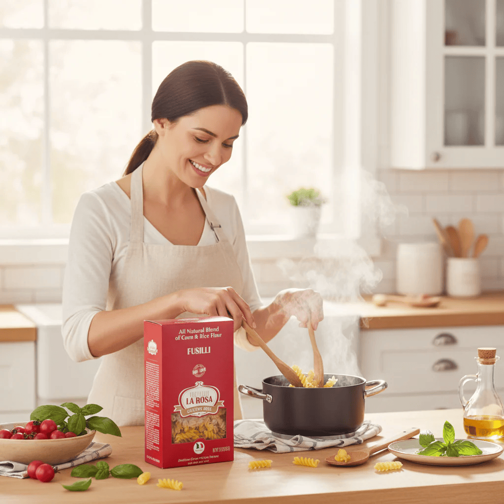 Woman cooking pasta in a kitchen with a box of La Rosa pasta.