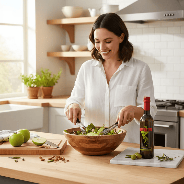 lady making salad with Italian Coratina Extra Virgin Olive Oil EVOO with apple and almonds