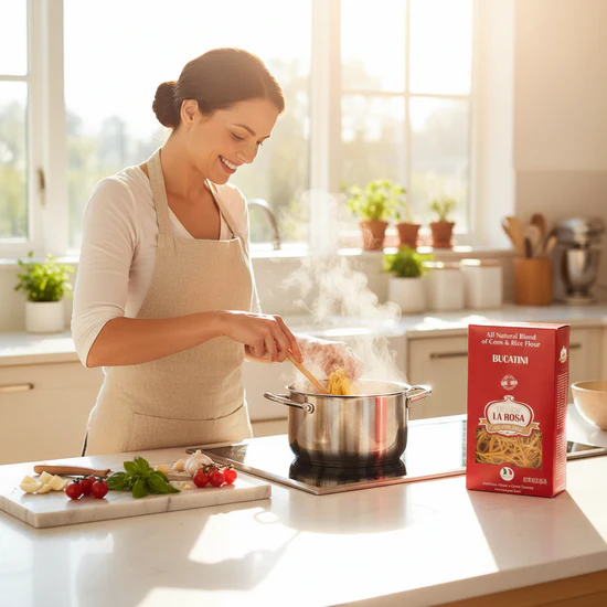 Lady cooking in Kitchen a Box of gluten free bucatini pasta made from corn and rice flour with visible pasta window