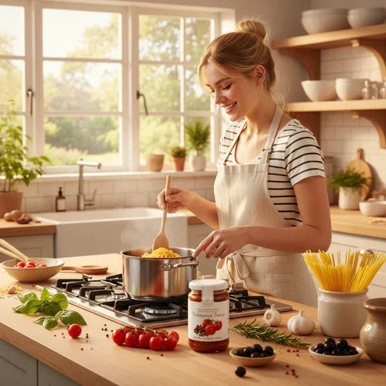 Woman cooking pasta with Redstone Puttanesca Tomato Sauce in a bright kitchen — gluten free Italian sauce from Campania