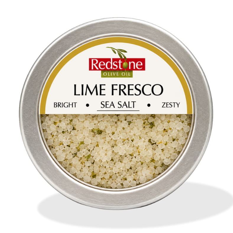Redstone Lime Fresco Sea Salt front tin label — Bright · Sea Salt · Zesty — all natural, no preservatives