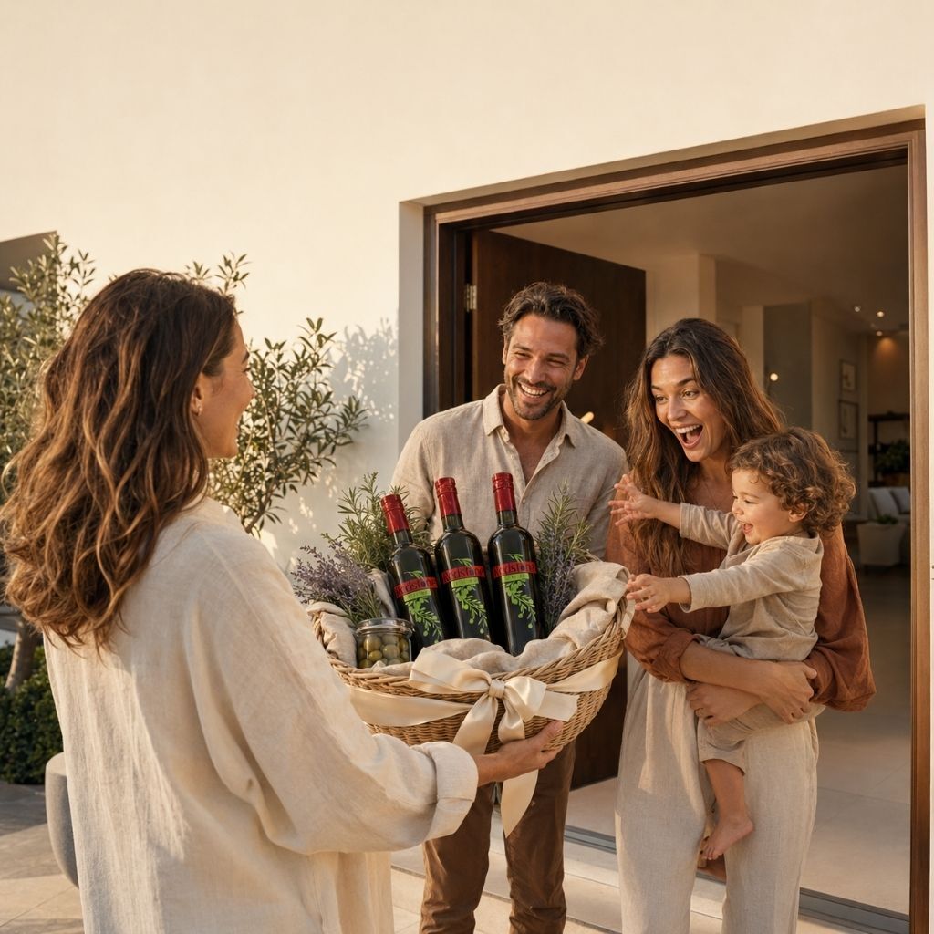 A woman presenting a woven gift basket with three bottles of extra virgin olive oil, green olives, and fresh rosemary to a smiling couple holding a young child at the doorway of a modern home.
