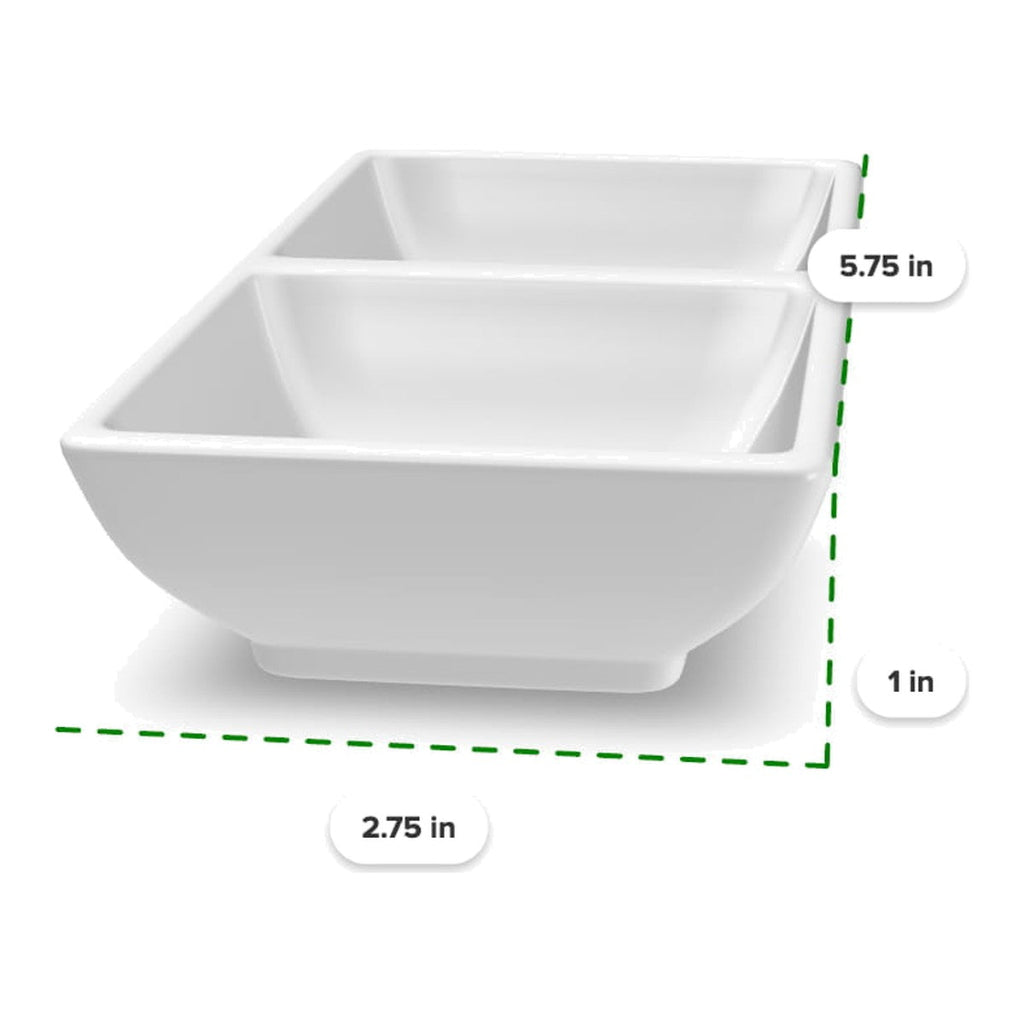 White two-section olive oil dipping dish measuring 5.75 inches long, 2.75 inches wide, and 1 inch tall