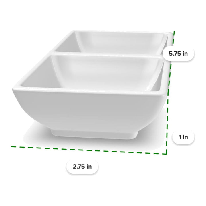 White two-section olive oil dipping dish measuring 5.75 inches long, 2.75 inches wide, and 1 inch tall