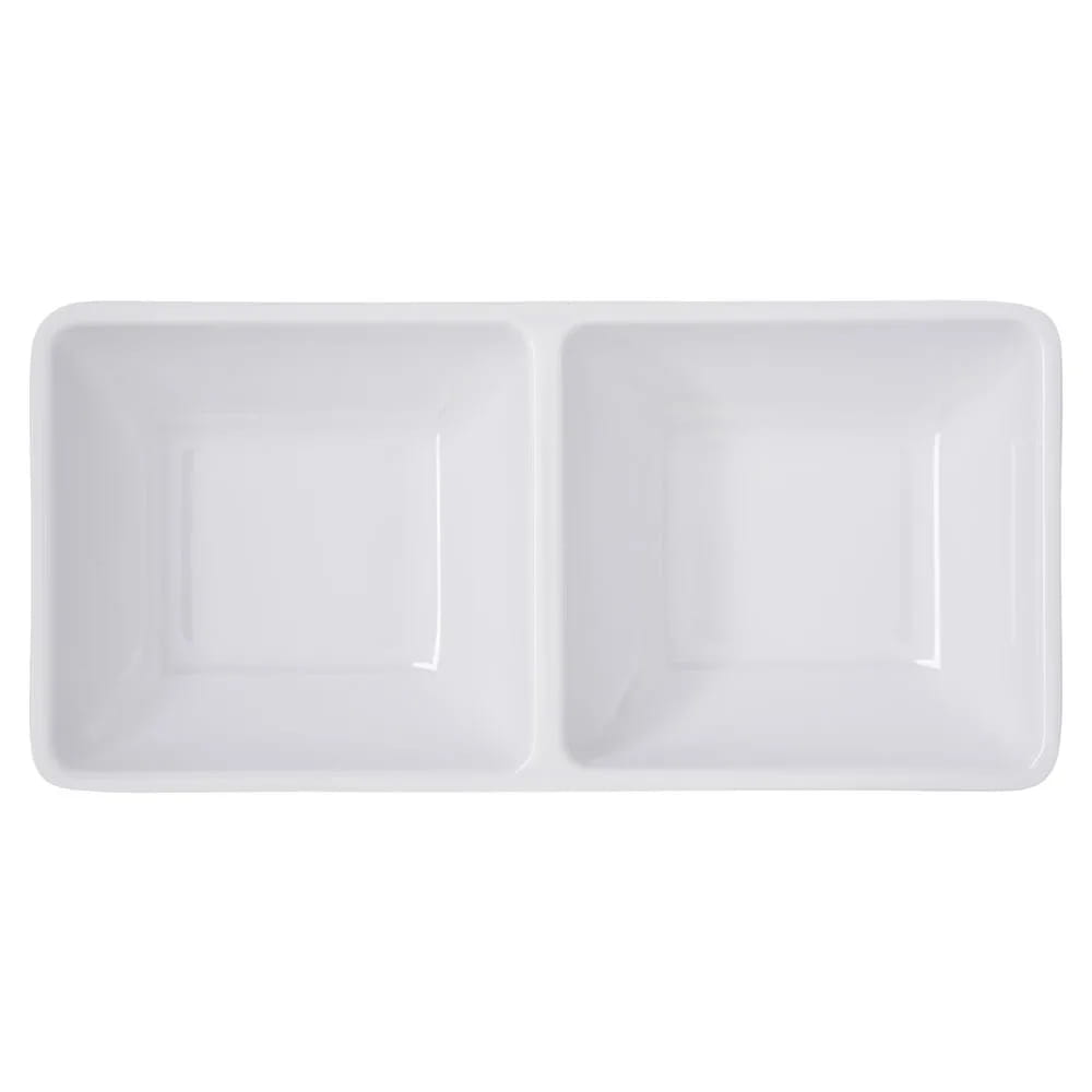 Top view of white melamine dipping dish with two square compartments