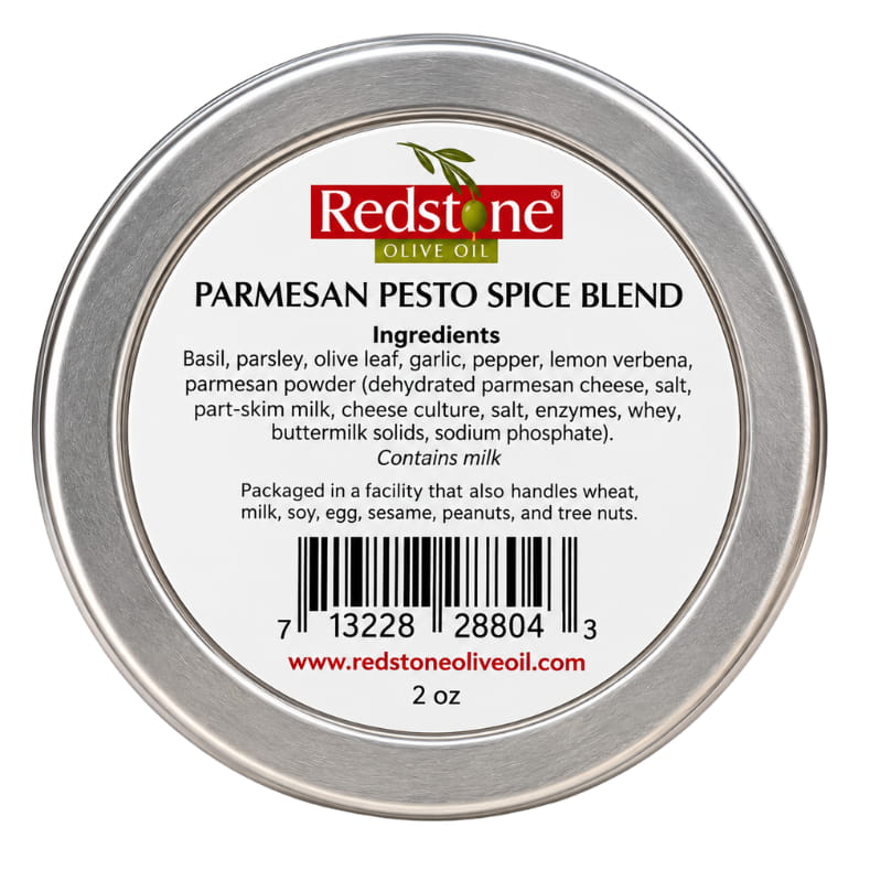 Redstone Parmesan Pesto Spice Blend back label showing barcode and ingredients: basil, parsley, olive leaf, garlic, parmesan — 2 oz tin