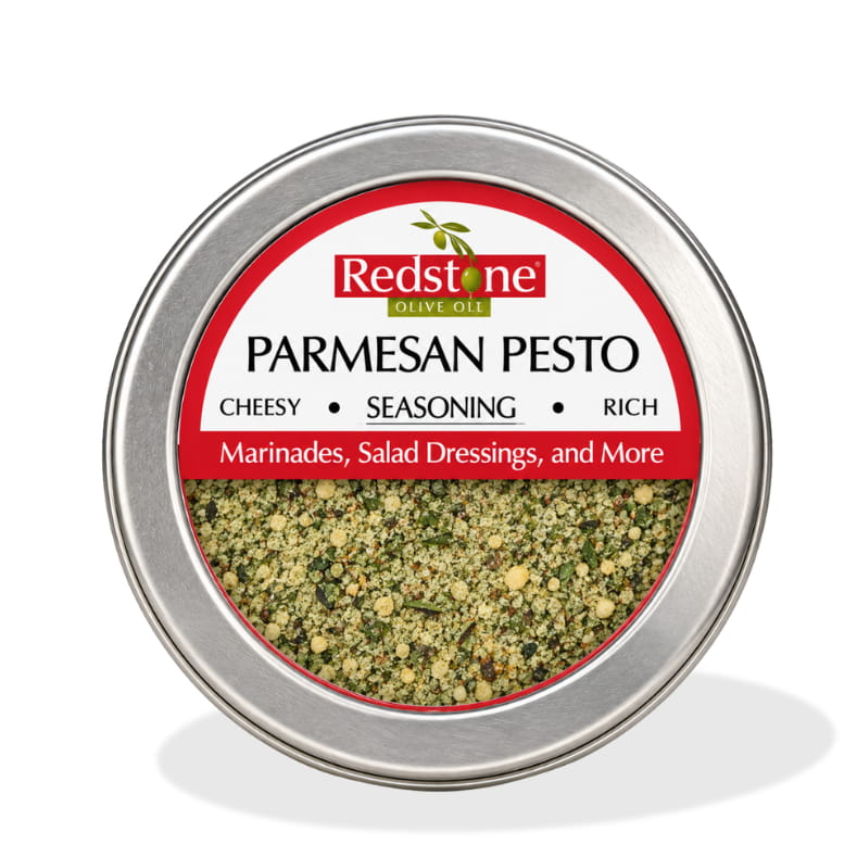 Redstone Parmesan Pesto Seasoning front tin label — Cheesy · Seasoning · Rich — marinades, salad dressings, and more