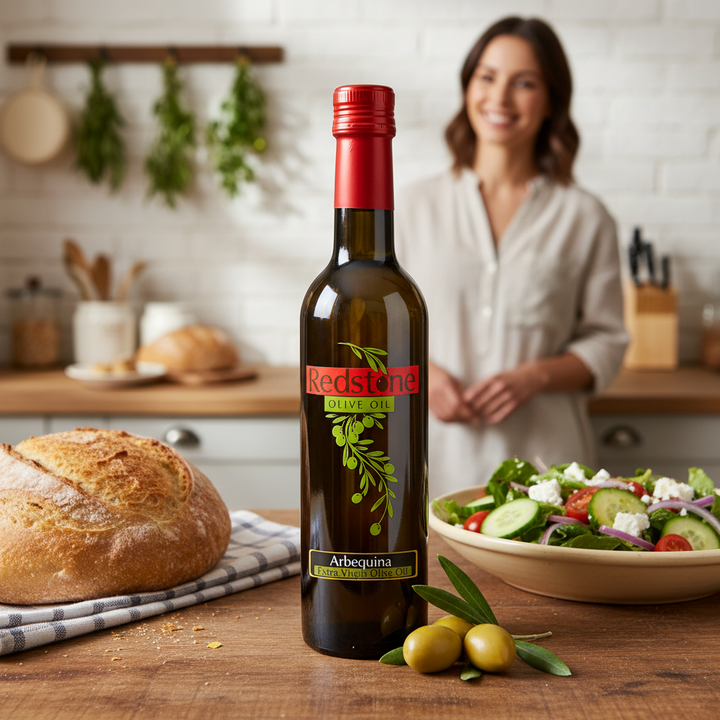 Bottle of Redstone Arbequina Extra Virgin Olive Oil on a kitchen counter with fresh bread, salad, and olives, woman in the background