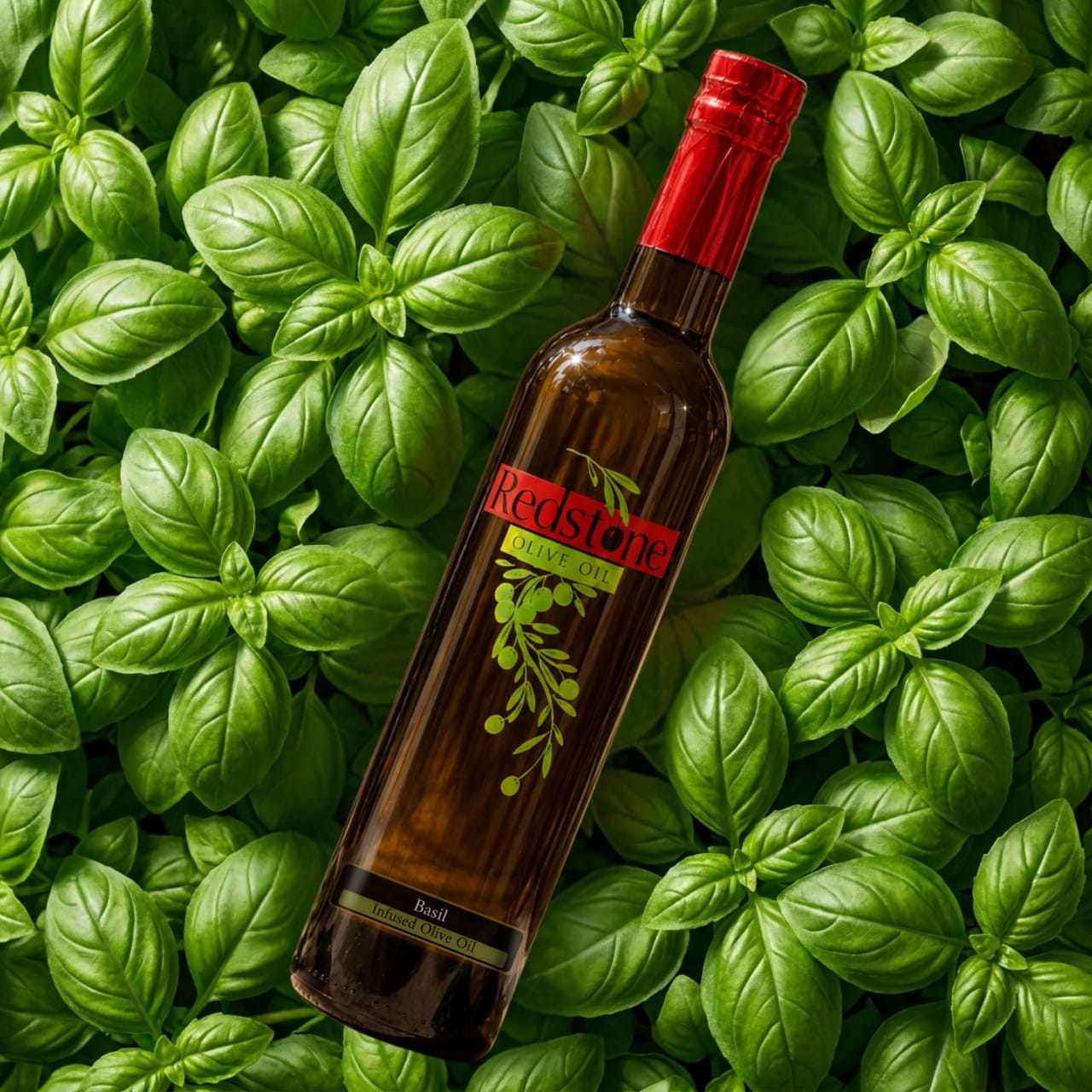 Redstone Basil Infused Olive Oil bottle lying in a bed of fresh basil leaves