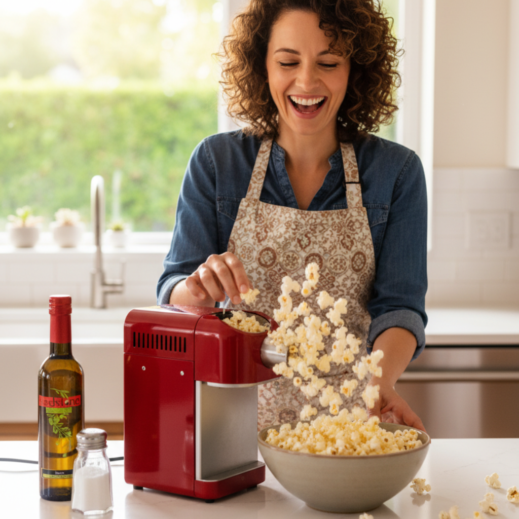 Woman making popcorn drizzled with Redstone Butter Infused Olive Oil