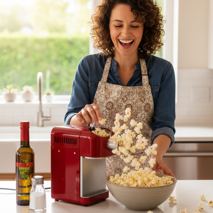 Woman making popcorn drizzled with Redstone Butter Infused Olive Oil