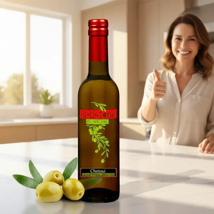 A bottle of Tunisian Chetoui olive oil on a modern kitchen counter with fresh whole olives and a woman smiling