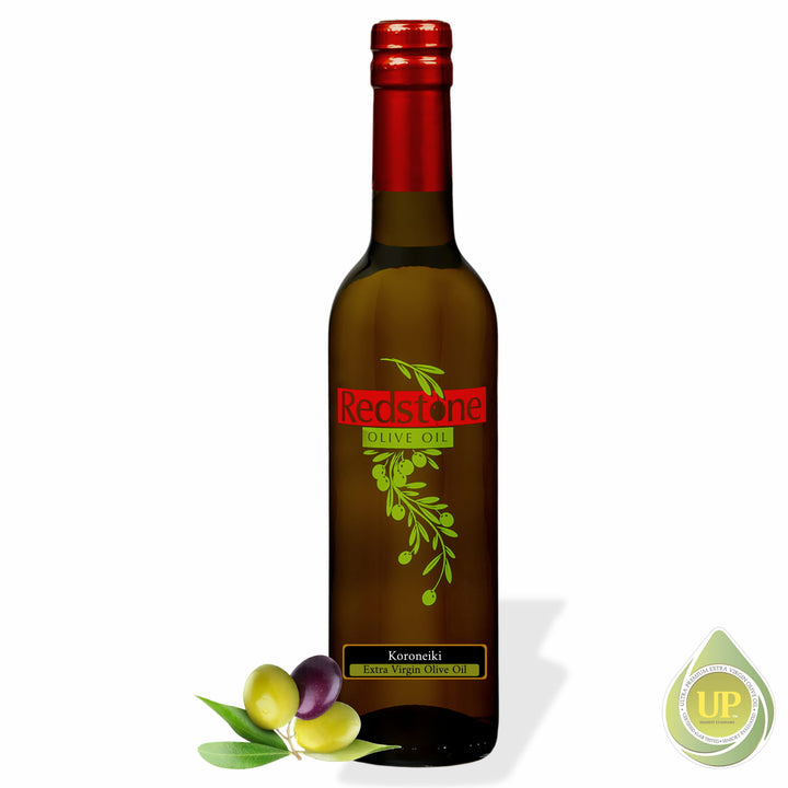 Redstone Chilean Koroneiki Extra Virgin Olive Oil bottle with fresh olives, UP Certified