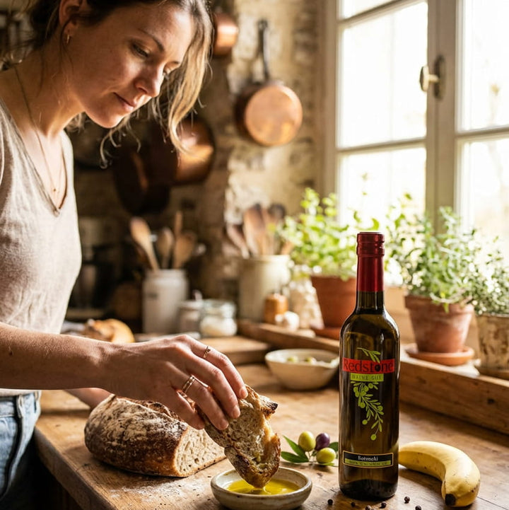 Woman dipping rustic bread into a dish of Chilean Koroneiki olive oil beside the bottle, olives, and a banana in a country kitchen