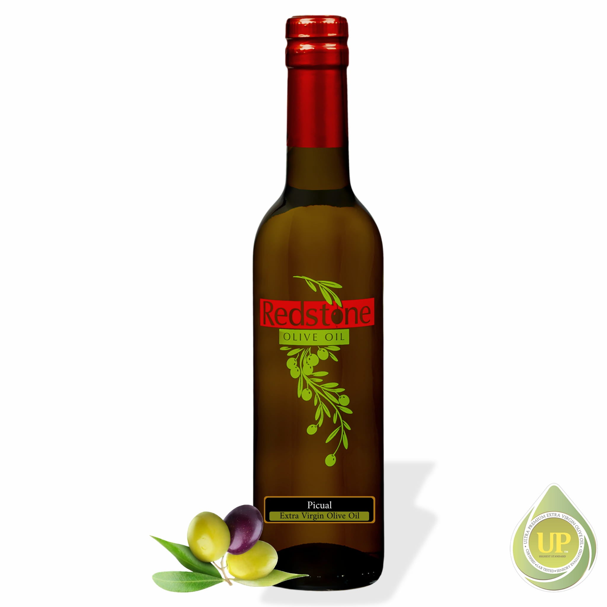 Redstone Picual Extra Virgin Olive Oil bottle with fresh olives, UP Certified