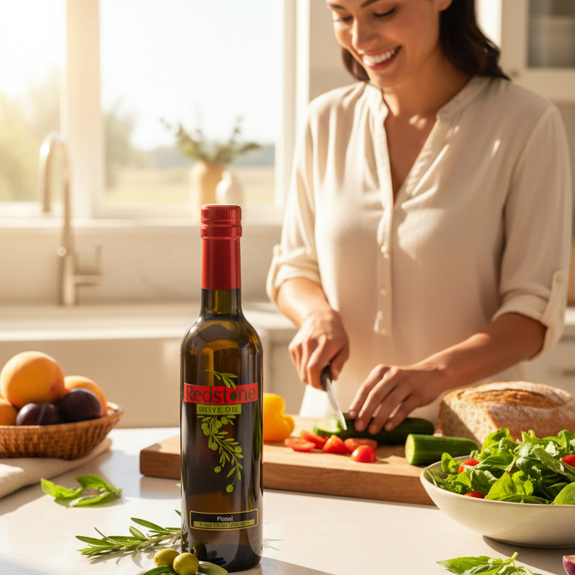 Woman chopping vegetables with a bottle of Chilean Picual olive oil, fresh peaches, plums, and bread on the counter