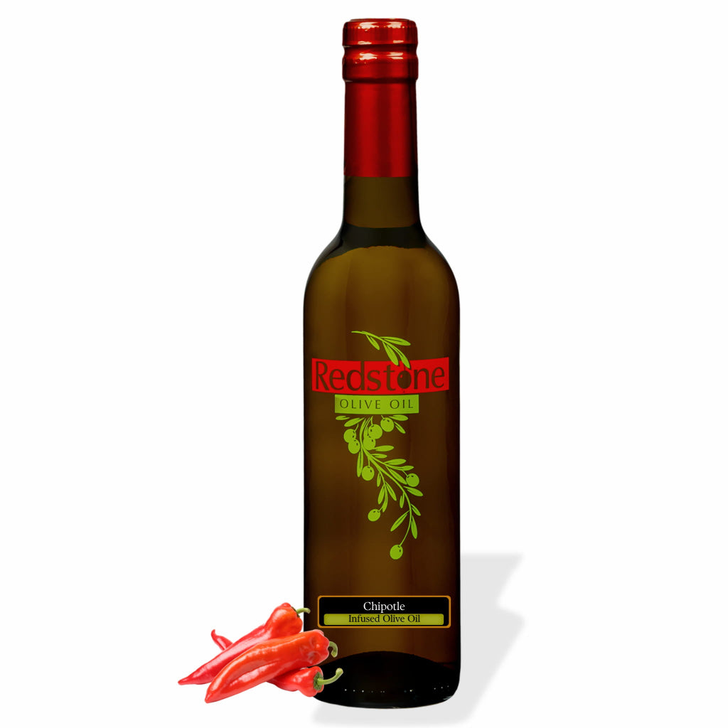 Bottle of Redstone Chipotle Infused Olive Oil with two red chili peppers