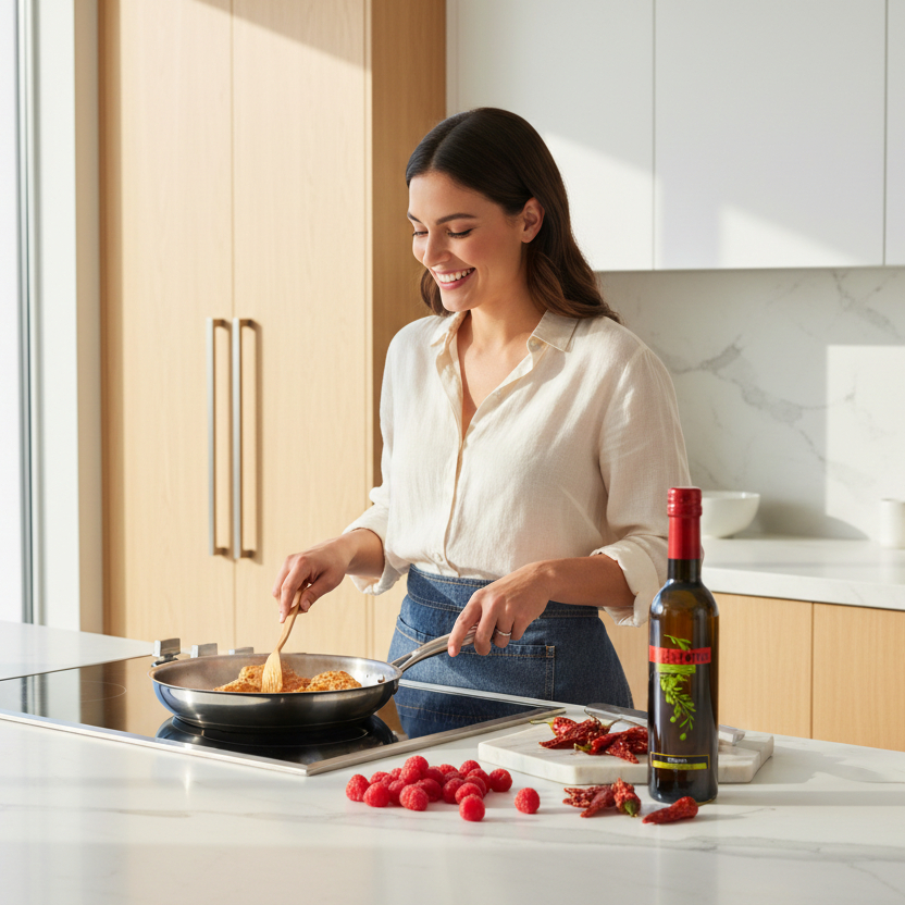 Woman cooking with Redstone Chipotle Infused Olive Oil, dried chilies, and raspberries