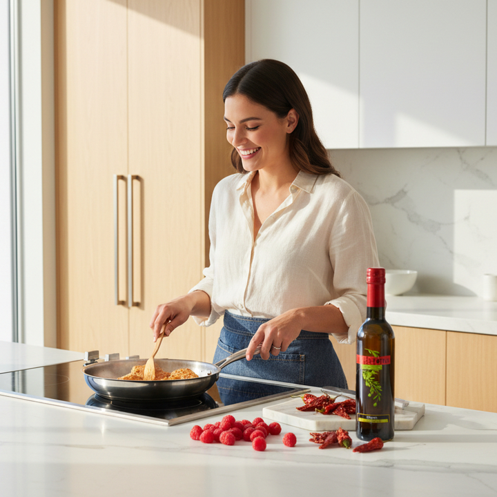 Woman cooking with Redstone Chipotle Infused Olive Oil, dried chilies, and raspberries