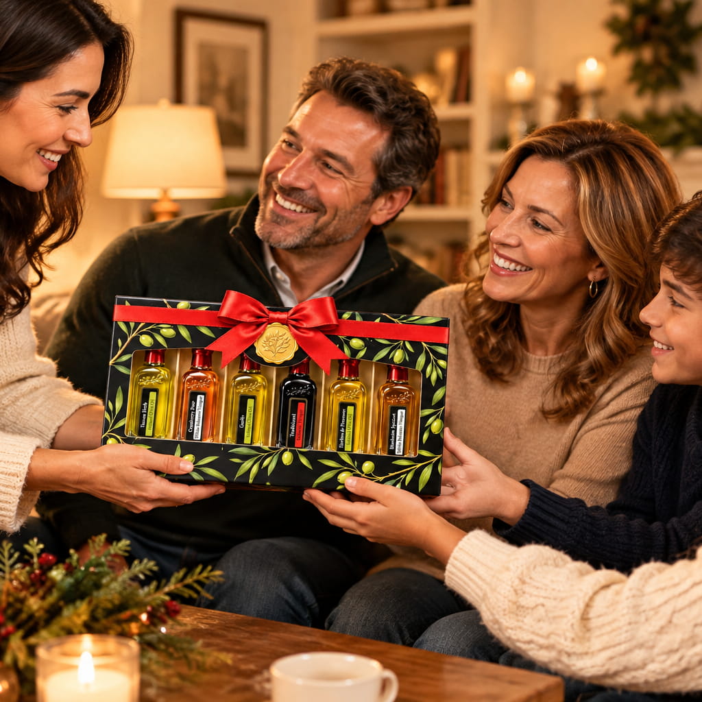 Woman hands a black Redstone Olive Oil six-bottle sampler gift box with a red bow to a smiling family