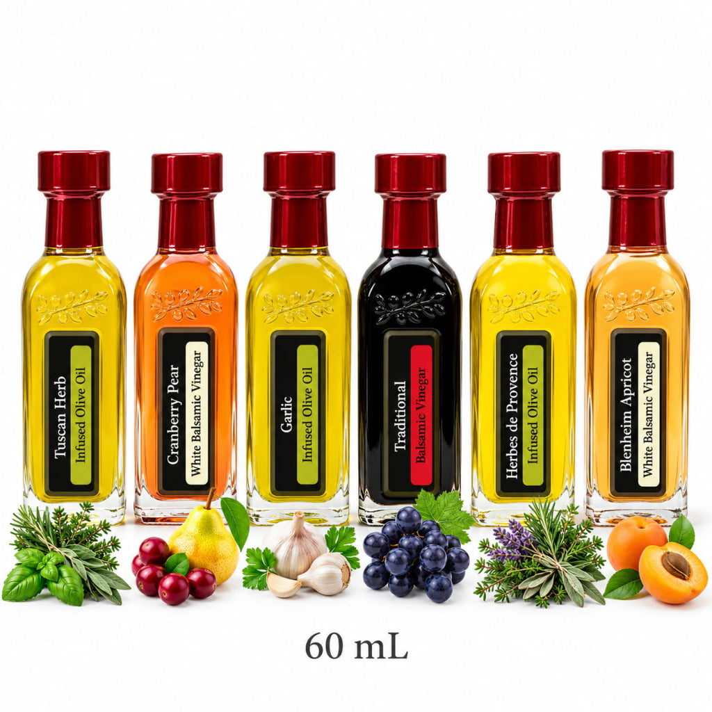 Tuscan Herb, Garlic, Herbes de Provence oils; Cranberry Pear, Apricot, Traditional balsamics in 60 mL bottles
