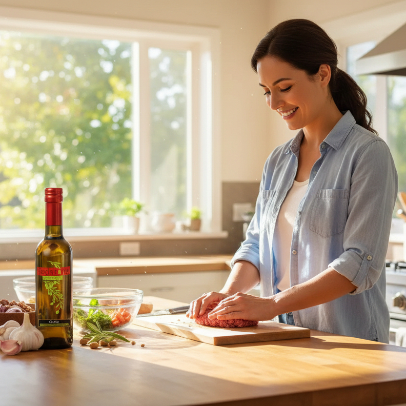 Woman preparing burger patty with Redstone Garlic Infused Olive Oil and garlic on counter