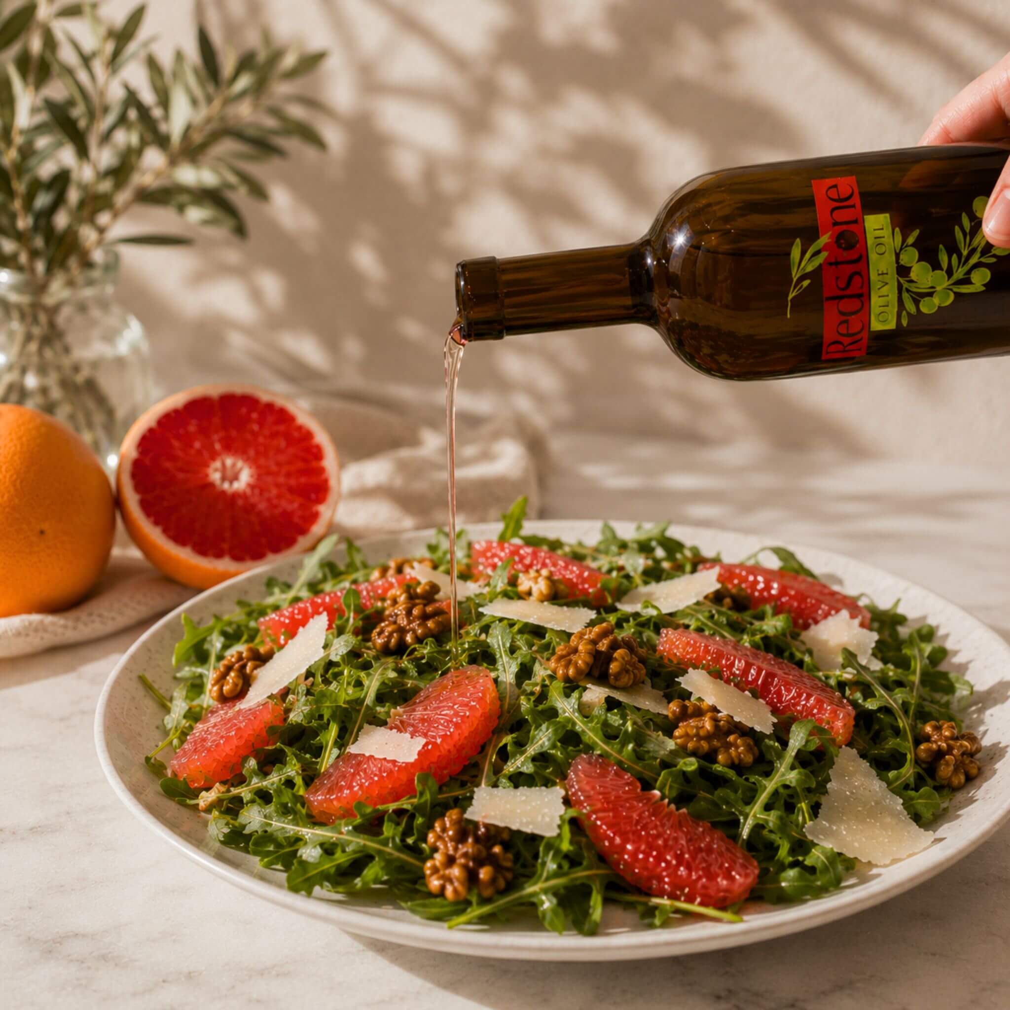 Redstone Grapefruit White Balsamic Vinegar poured over arugula salad with grapefruit, walnuts, and shaved parmesan