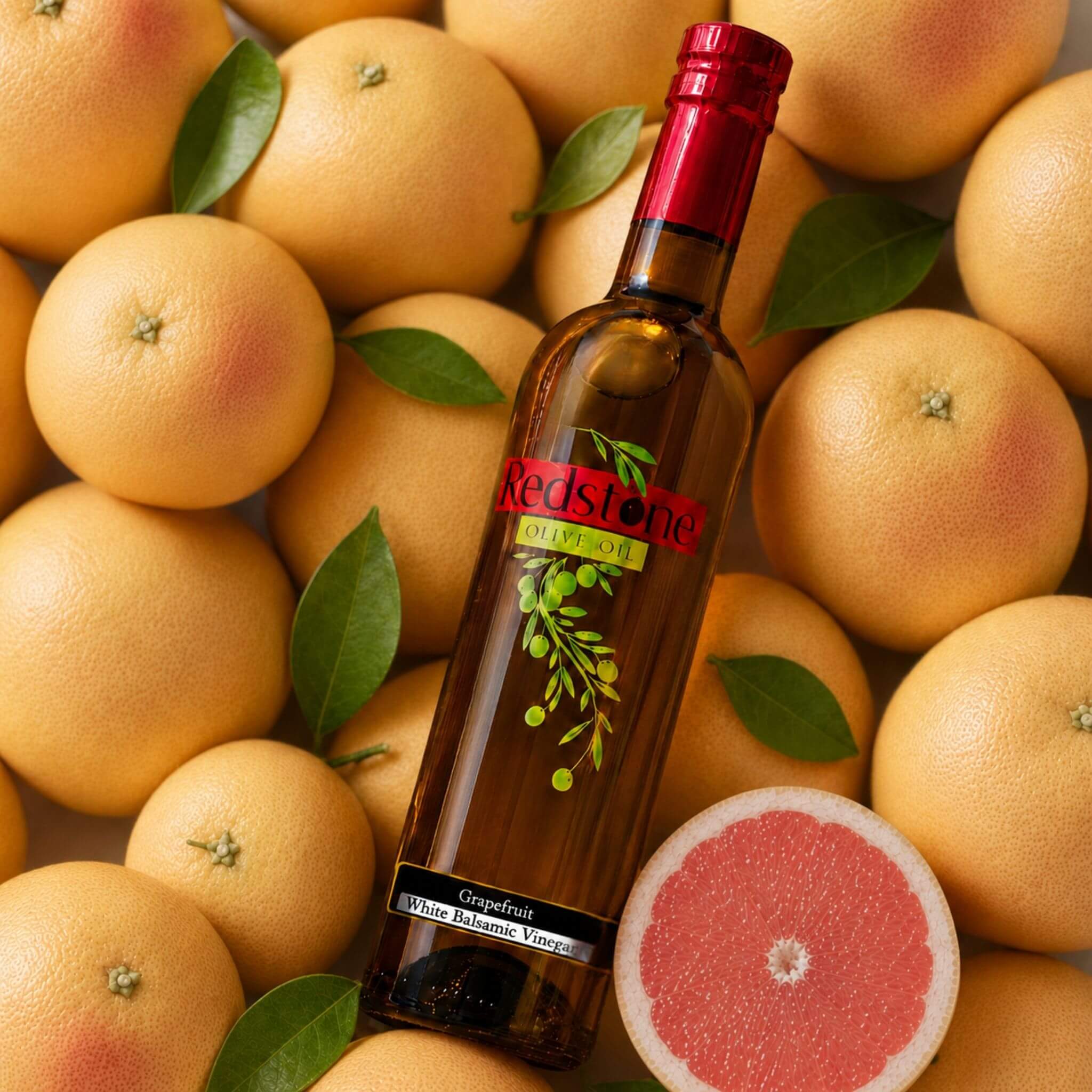 Bottle of Redstone Grapefruit White Balsamic Vinegar on a pile of whole grapefruits with leaves and a halved grapefruit