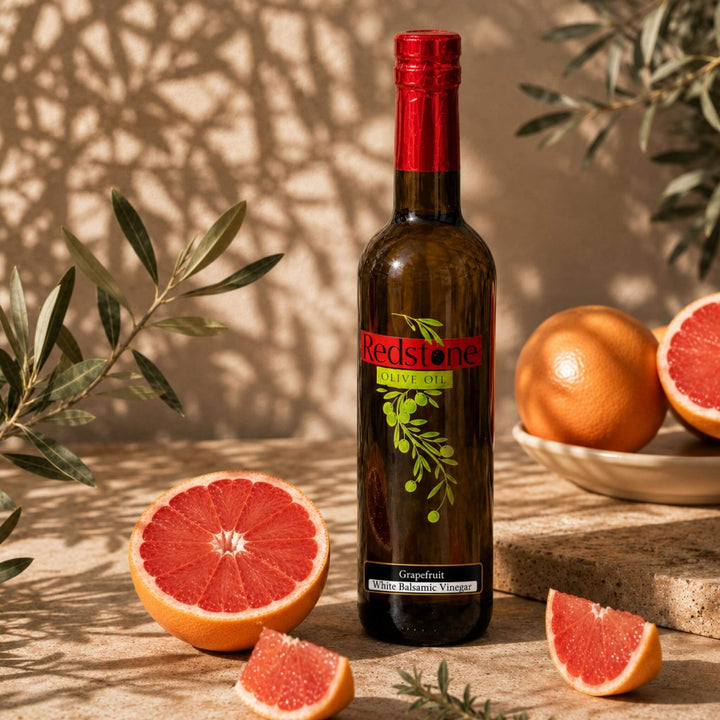 Bottle of Redstone Grapefruit White Balsamic Vinegar with halved grapefruit, wedges, and olive branches in sunlight