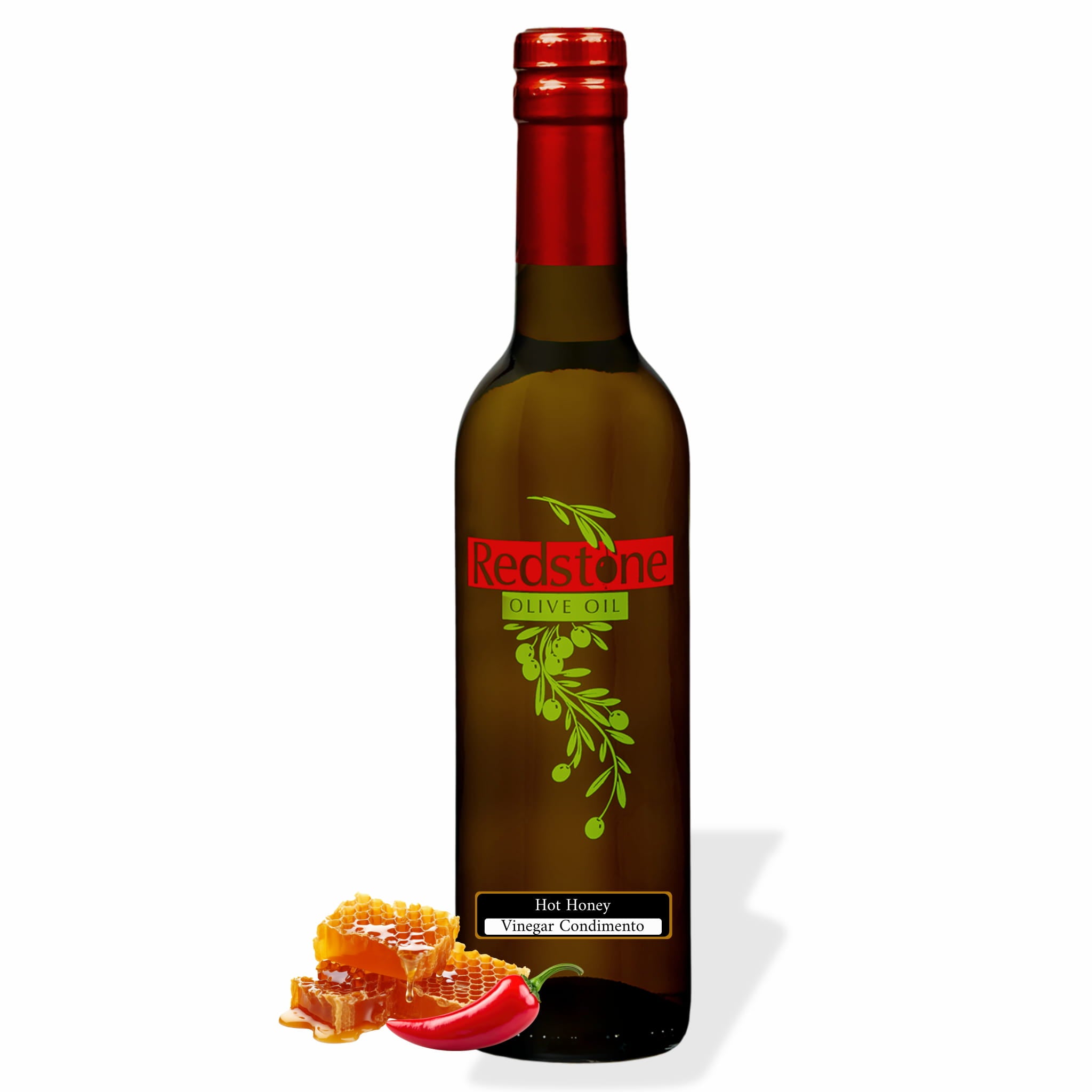 Bottle of Redstone Hot Honey Chili Vinegar with honeycomb and a red chili pepper