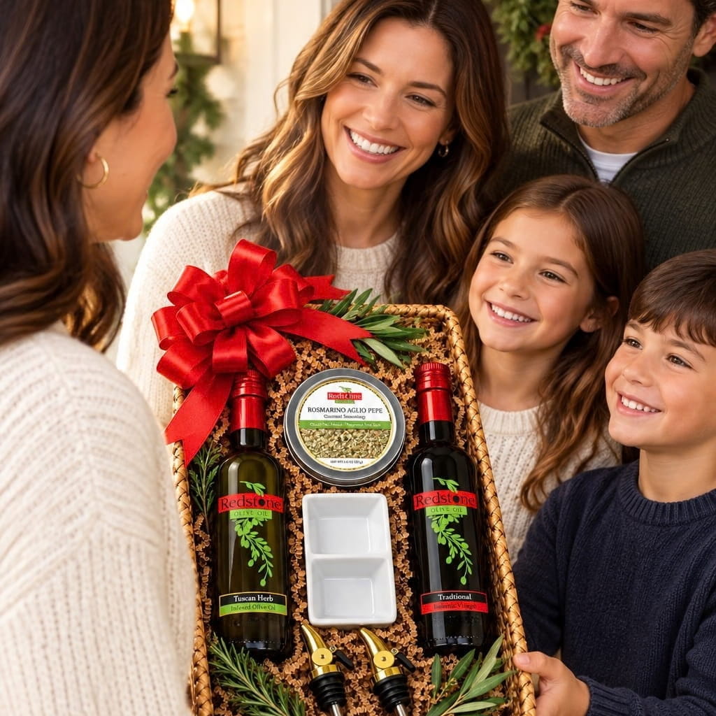 Woman hands a Redstone Olive Oil gift basket with a red bow to a smiling family at their front door