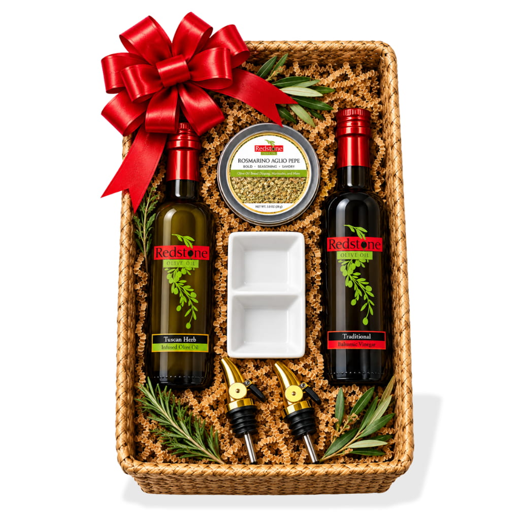 Redstone gift basket with Tuscan Herb olive oil, Traditional balsamic, Rosmarino seasoning, dipping dish, pour spouts