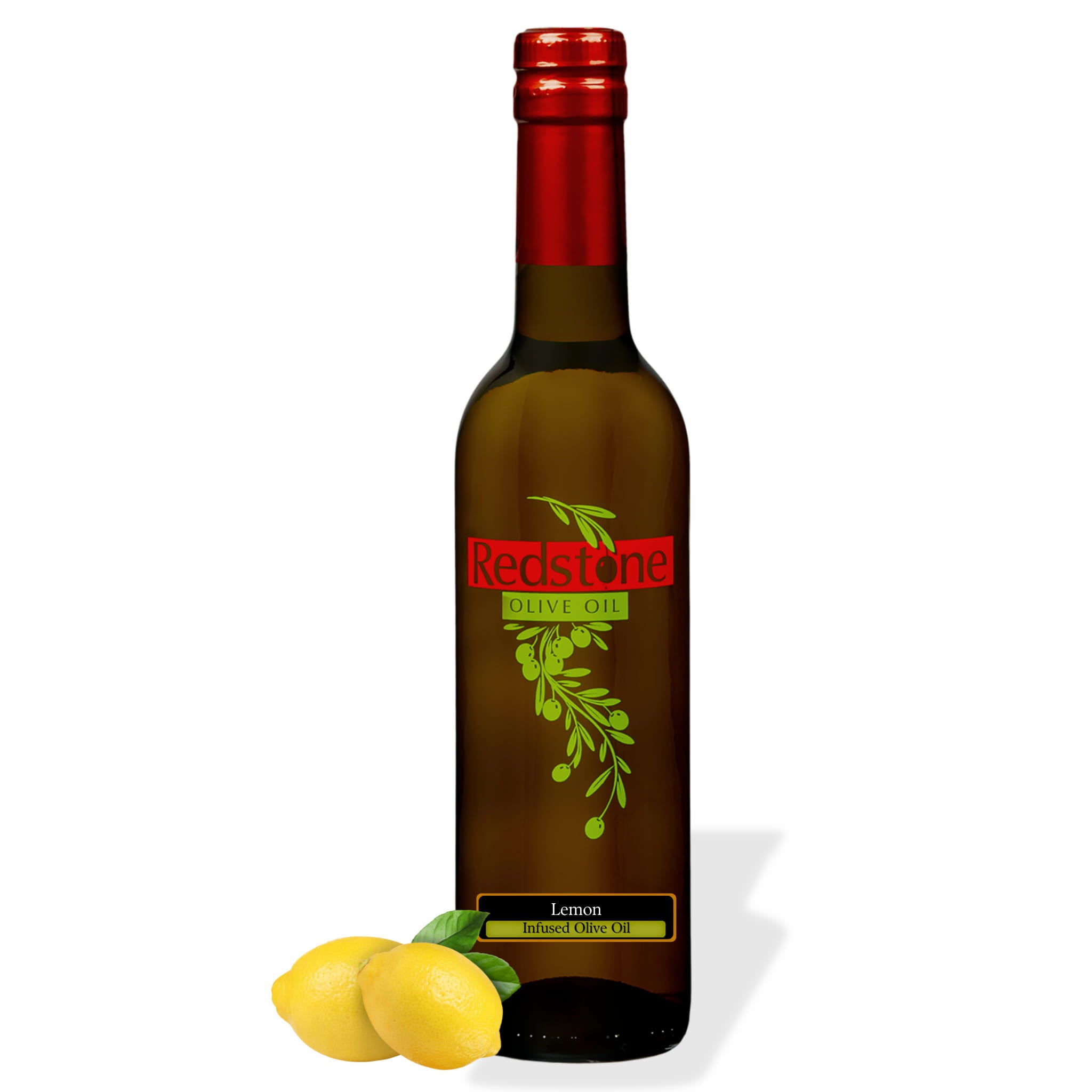 Bottle of Redstone Lemon Infused Olive Oil with fresh lemons on a white background.