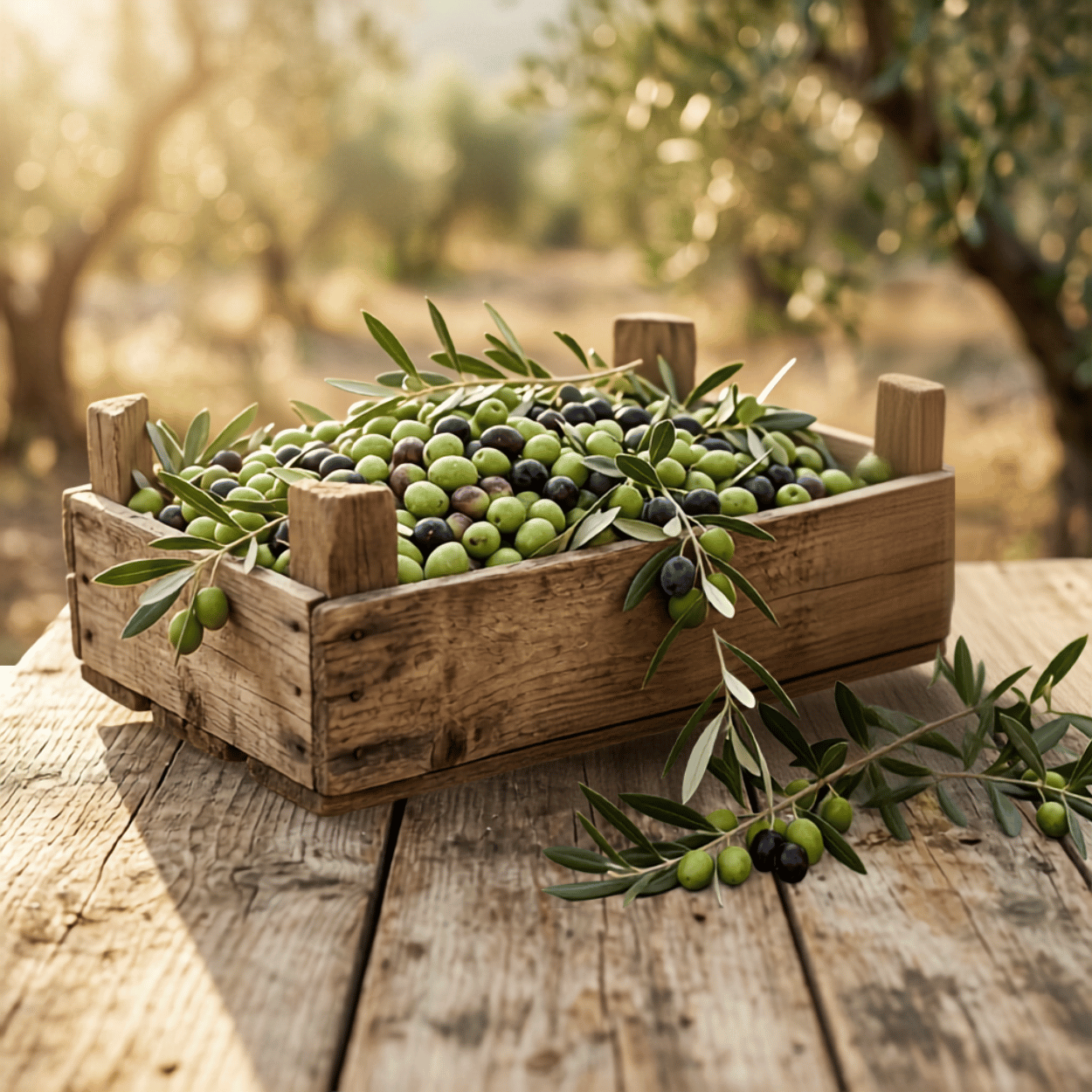 Redstone Olive Oil bottle beside a crate of freshly harvested olives, representing new arrivals in the collection