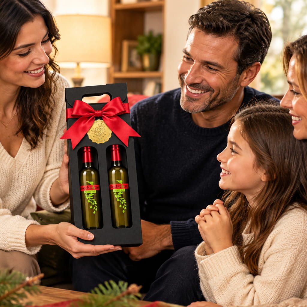 Woman hands a black Redstone Olive Oil two-bottle gift box with a red bow to a smiling family at the holidays