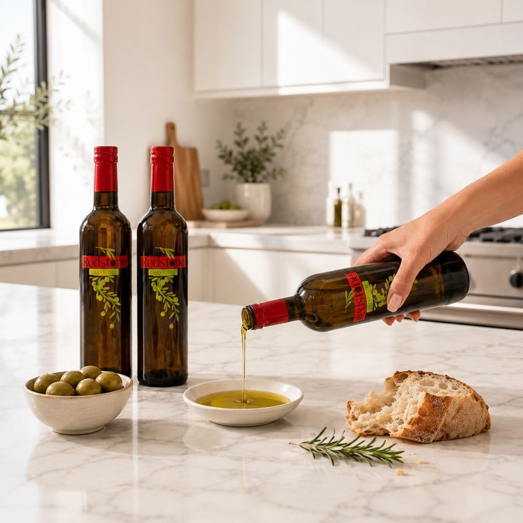 A hand pouring Redstone extra virgin olive oil into a small dipping dish on a marble counter next to fresh bread and green olives.