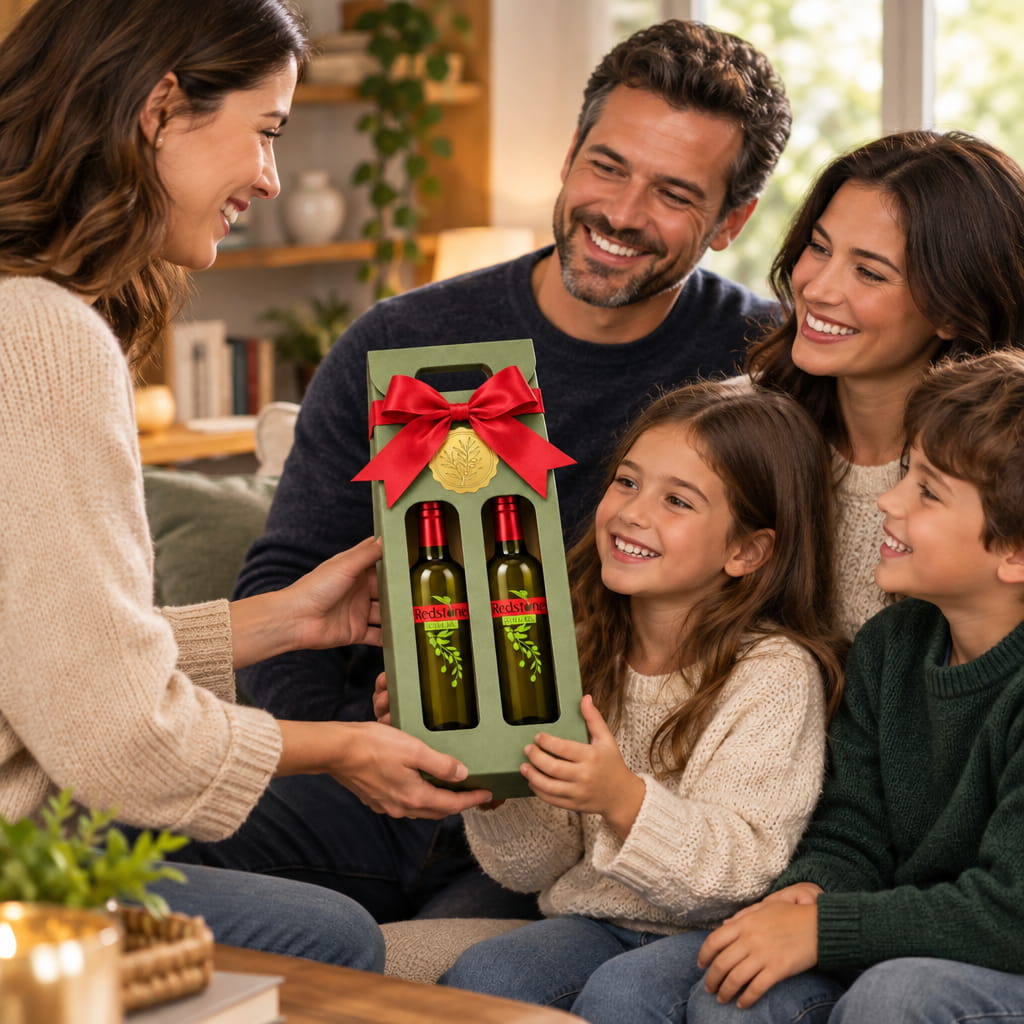 Woman hands a sage green Redstone Olive Oil two-bottle gift box with a red bow to a smiling family in a living room