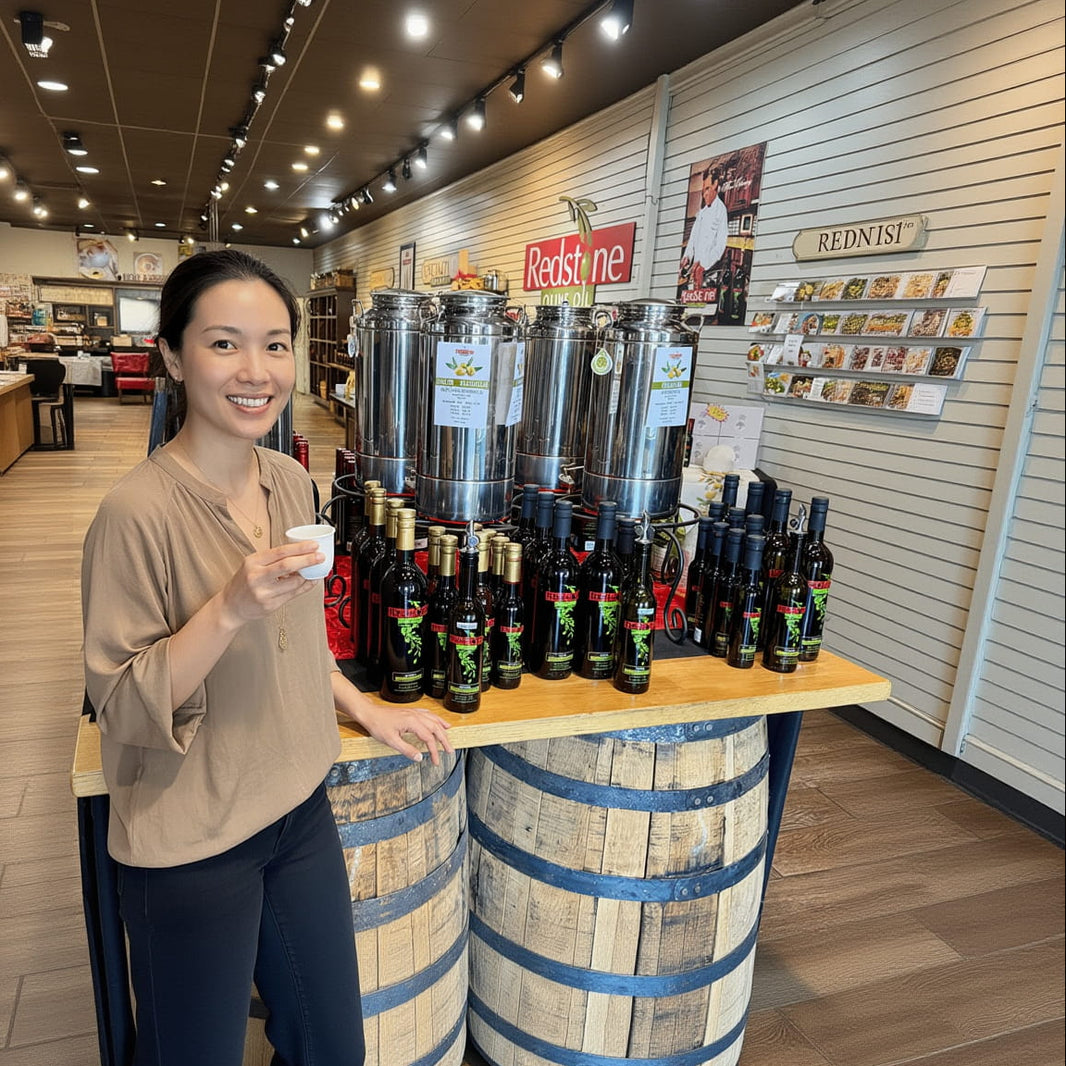 Woman sampling extra virgin olive oil at the Redstone Olive Oil tasting bar, surrounded by bottles of ultra-premium EVOO and aged balsamic vinegar