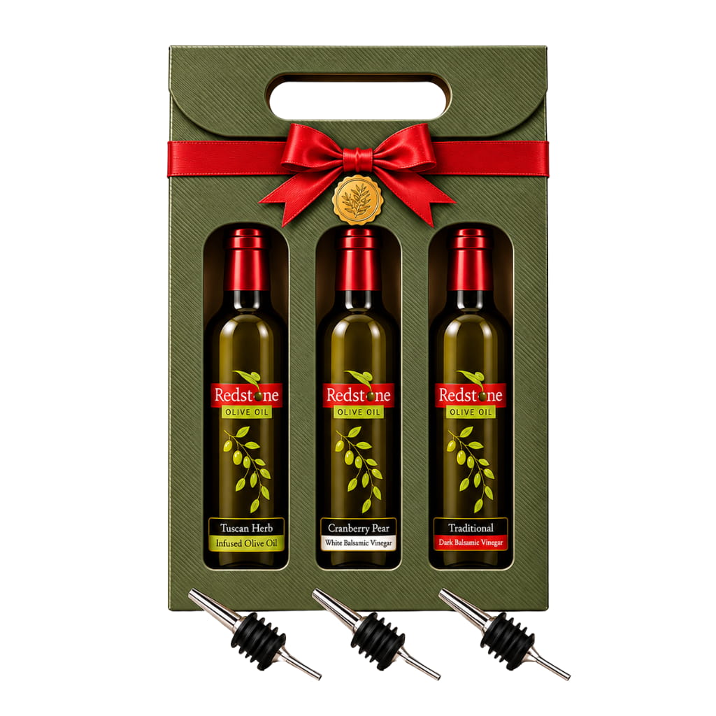 Tuscan Herb, Cranberry Pear and Traditional bottles in a sage gift box with red bow and three pour spouts