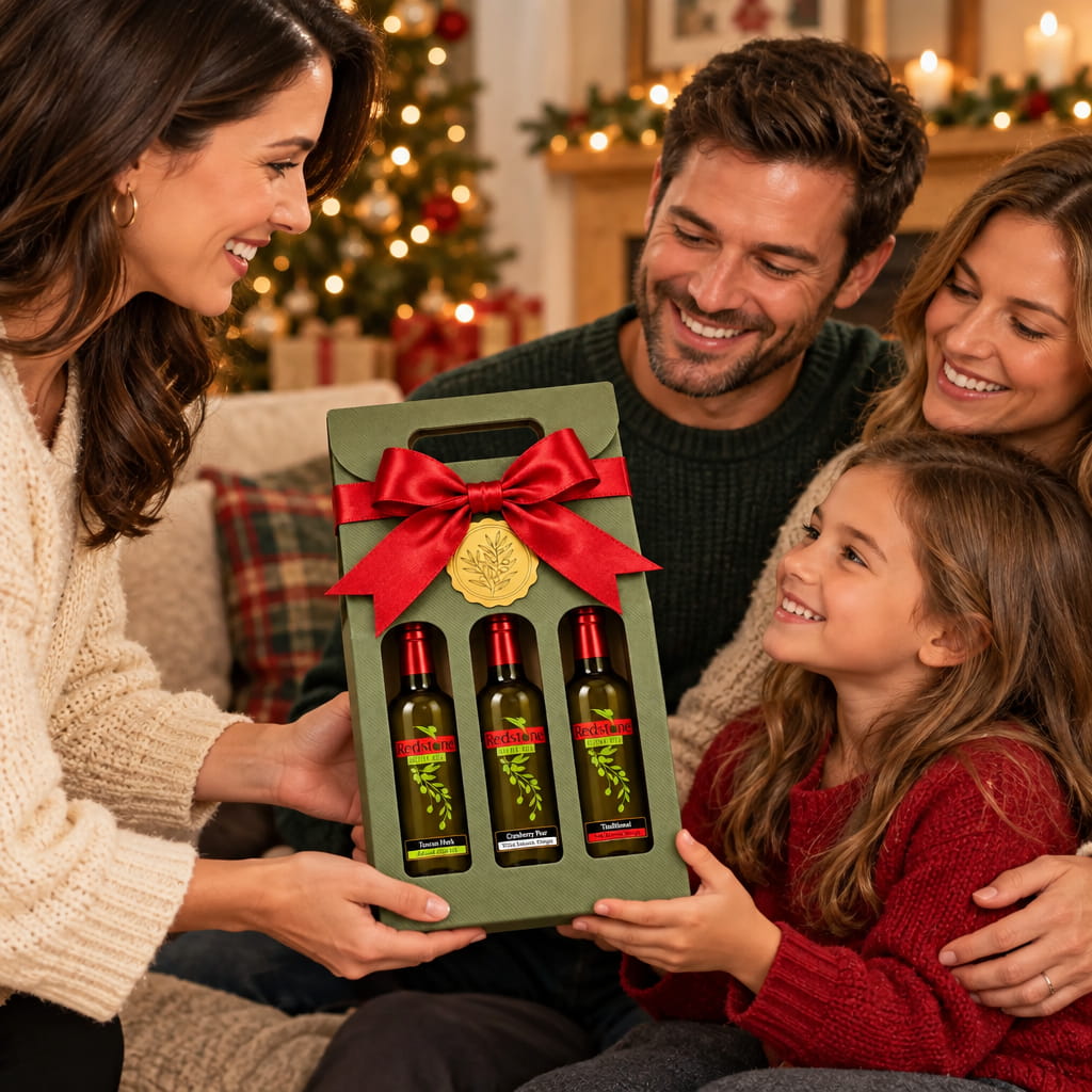 Woman hands a sage green Redstone Olive Oil three-bottle gift box with a red bow to a smiling family by a Christmas tree