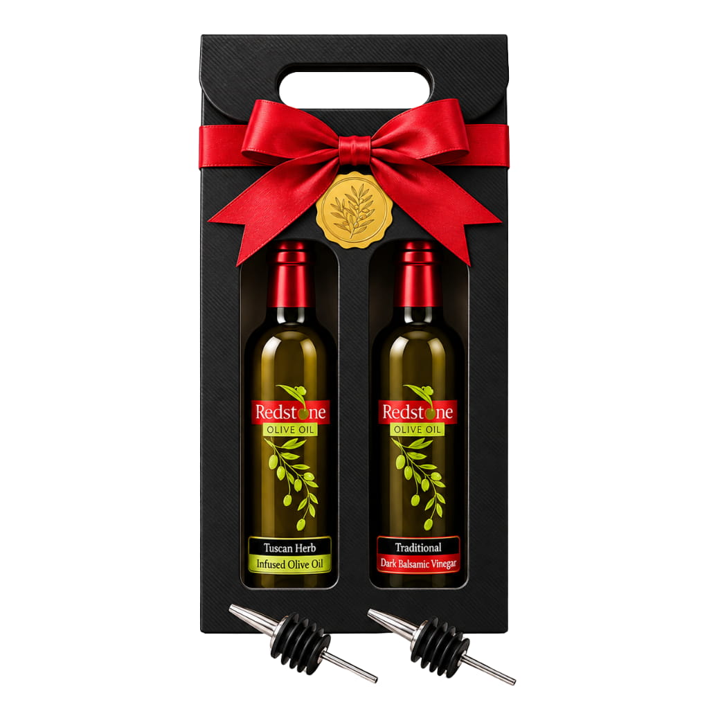 Two Redstone Olive Oil bottles in a black two-window gift box with a carry handle, red bow, and gold seal